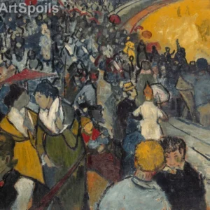 Vincent van Gogh's Arena in Arles painting, showing a vibrant, colorful crowd in a Roman amphitheater under a bright yellow sun, captured as a high-quality fine art print reproduction.