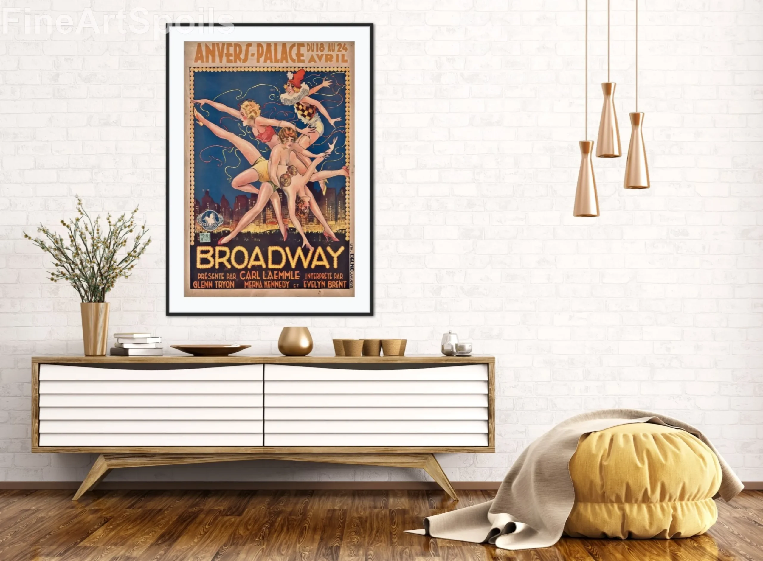 An Art Deco lithograph poster for the 1929 film Broadway, featuring four showgirls in dynamic, acrobatic poses and 1920s costumes against a dark blue New York City skyline and a glowing "Broadway" sign. Created by Lith. Delko for the Anvers-Palace engagement of the Carl Laemmle production Broadway (1929), captured as a high-quality fine art print reproduction.
