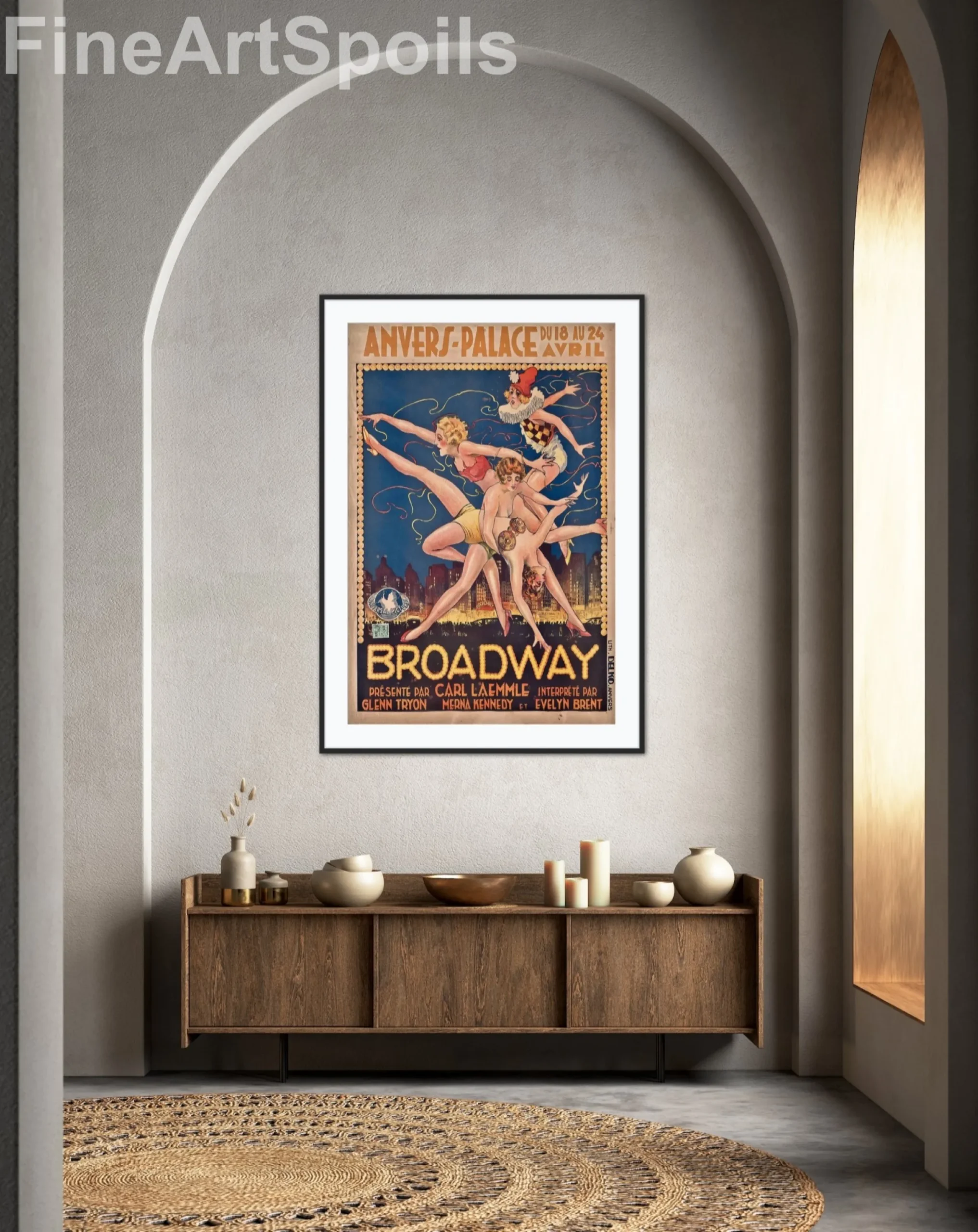 An Art Deco lithograph poster for the 1929 film Broadway, featuring four showgirls in dynamic, acrobatic poses and 1920s costumes against a dark blue New York City skyline and a glowing "Broadway" sign. Created by Lith. Delko for the Anvers-Palace engagement of the Carl Laemmle production Broadway (1929), captured as a high-quality fine art print reproduction.