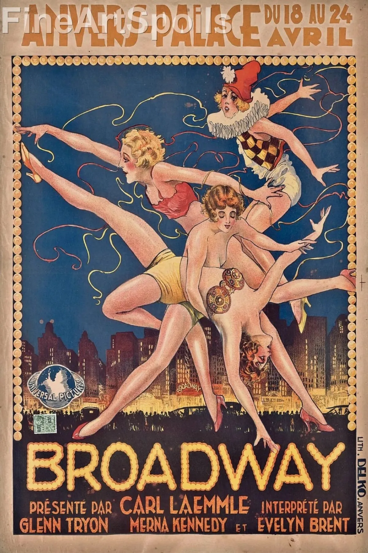 An Art Deco lithograph poster for the 1929 film Broadway, featuring four showgirls in dynamic, acrobatic poses and 1920s costumes against a dark blue New York City skyline and a glowing "Broadway" sign. Created by Lith. Delko for the Anvers-Palace engagement of the Carl Laemmle production Broadway (1929), captured as a high-quality fine art print reproduction.