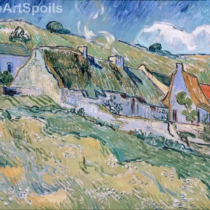 Vincent van Gogh's Cottages at Auvers-sur-Oise painting, featuring rustic thatched houses and a vibrant landscape, captured as a high-quality fine art print reproduction.