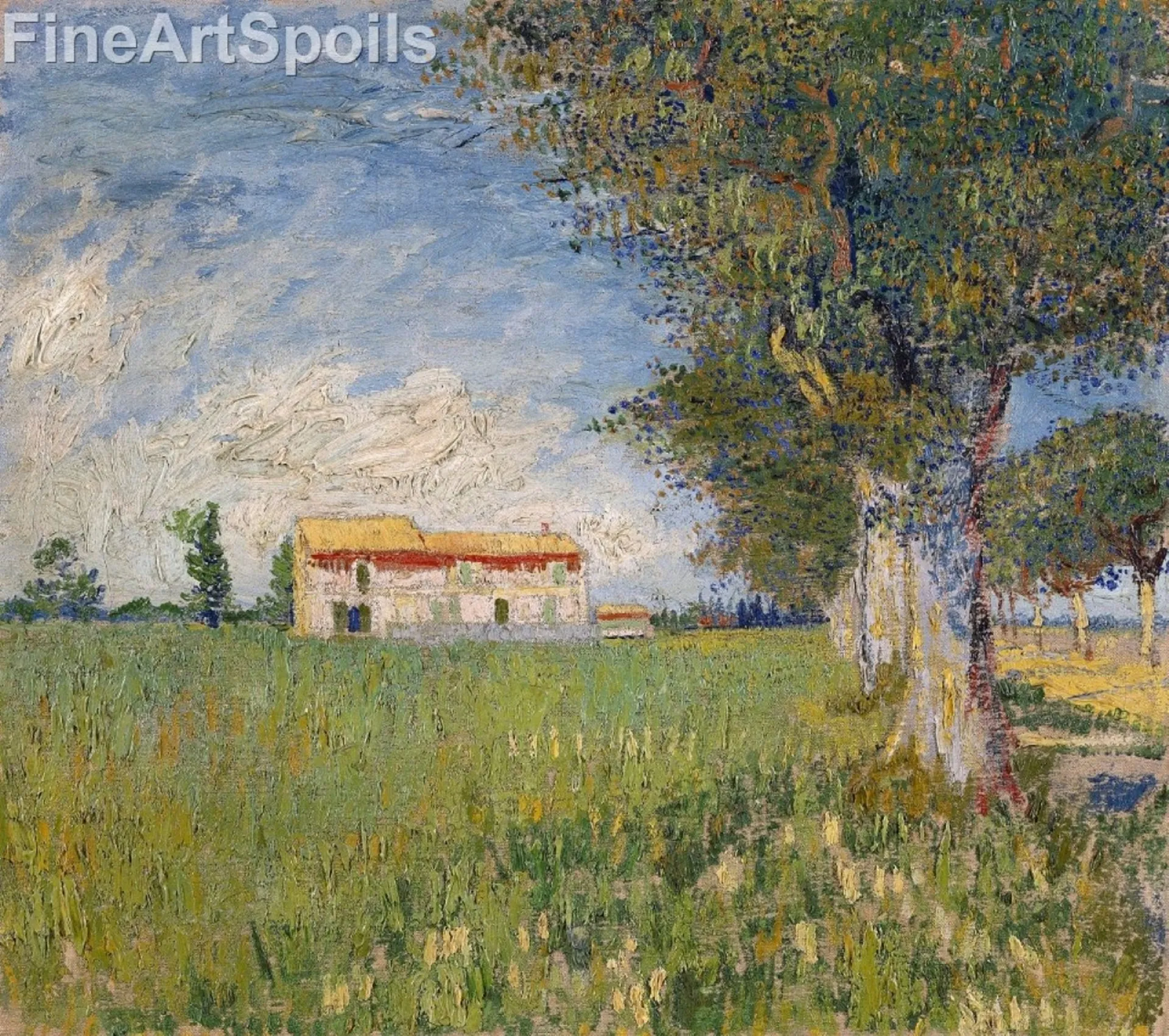 An impressionist landscape featuring a cream-colored farmhouse with a red roof set behind a green and yellow wheat field, flanked by large, textured trees under a swirling blue and white sky, by Vincent van Gogh titled Farmhouse in a Wheat Field, captured as a high-quality fine art print reproduction.