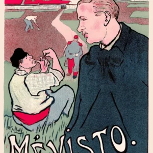 A color lithograph featuring a large profile of a man in a dark coat, known as the performer Mévisto, overlooking a landscape with workers in a field and industrial buildings with smoking chimneys in the distance. The artwork uses a flat, graphic style with bold outlines in shades of red, green, and cream. Title "Mévisto" by Henri-Gabriel Ibels, circa 1892, captured as a high-quality fine art print reproduction.