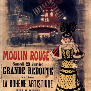 Vintage color lithograph poster of the Moulin Rouge at night featuring the iconic red windmill and a woman in a yellow polka-dot dress with a black feathered hat in the foreground, titled "Moulin Rouge: La Bohème Artistique" by Auguste Roedel, c. 1890, captured as a high-quality fine art print reproduction.