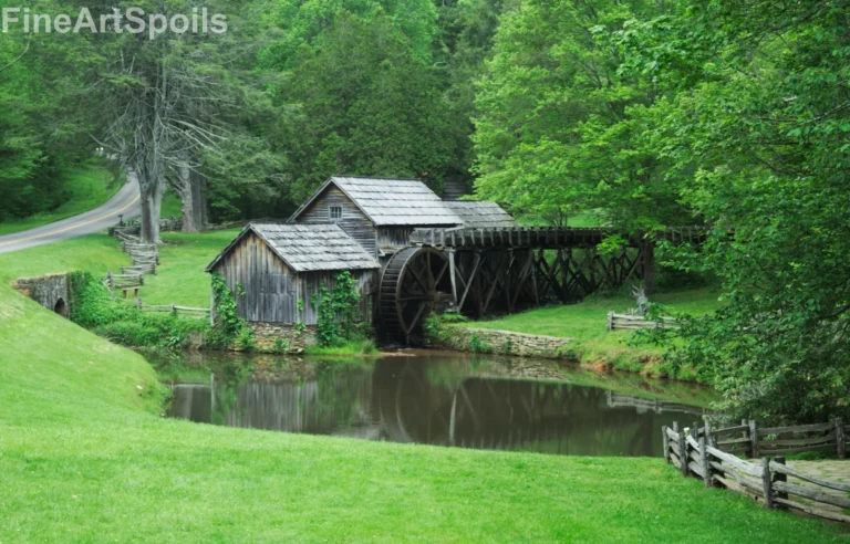 Timeless Serenity: Historic Wooden Watermill in the Blue Ridge Mountains