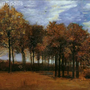 Vincent van Gogh's The Avenue of Poplars in Autumn painting, featuring orange trees and a moody sky, captured as a high-quality fine art print reproduction.