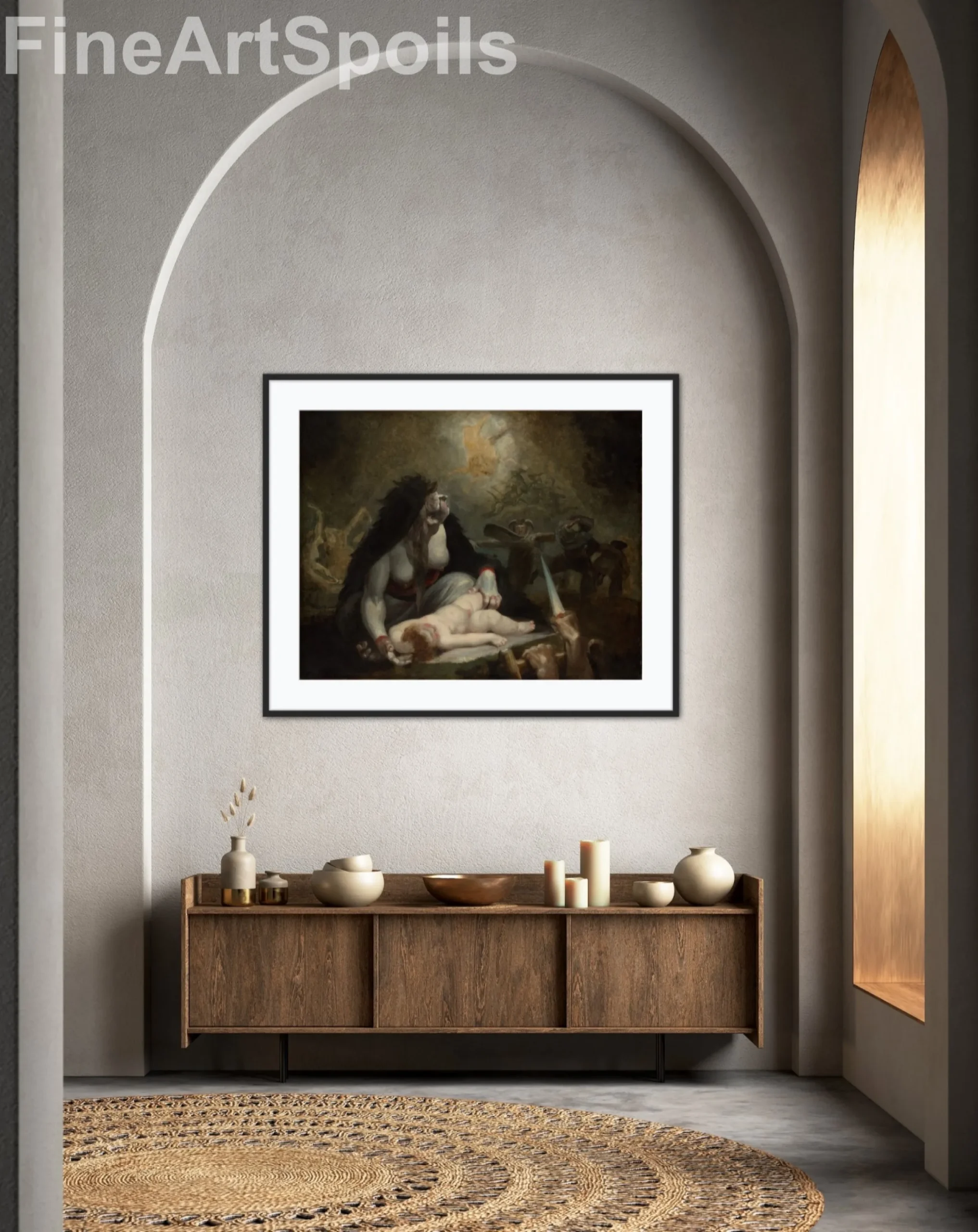 Henry Fuseli's The Night-Hag Visiting Lapland Witches painting, a gothic horror scene featuring a spectral demon on horseback and a coven of witches in a dark ritual, captured as a high-quality fine art print reproduction.