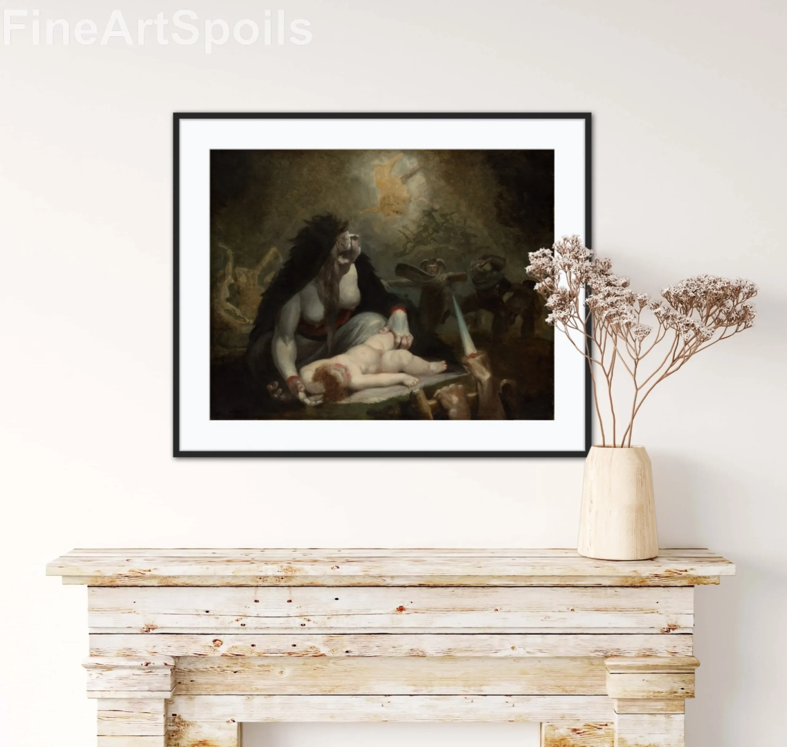 Henry Fuseli's The Night-Hag Visiting Lapland Witches painting, a gothic horror scene featuring a spectral demon on horseback and a coven of witches in a dark ritual, captured as a high-quality fine art print reproduction.