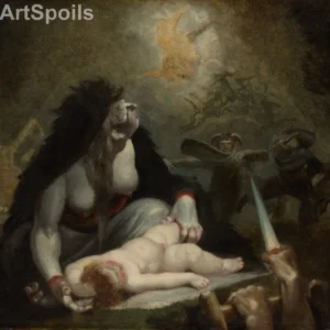 Henry Fuseli's The Night-Hag Visiting Lapland Witches painting, a gothic horror scene featuring a spectral demon on horseback and a coven of witches in a dark ritual, captured as a high-quality fine art print reproduction.
