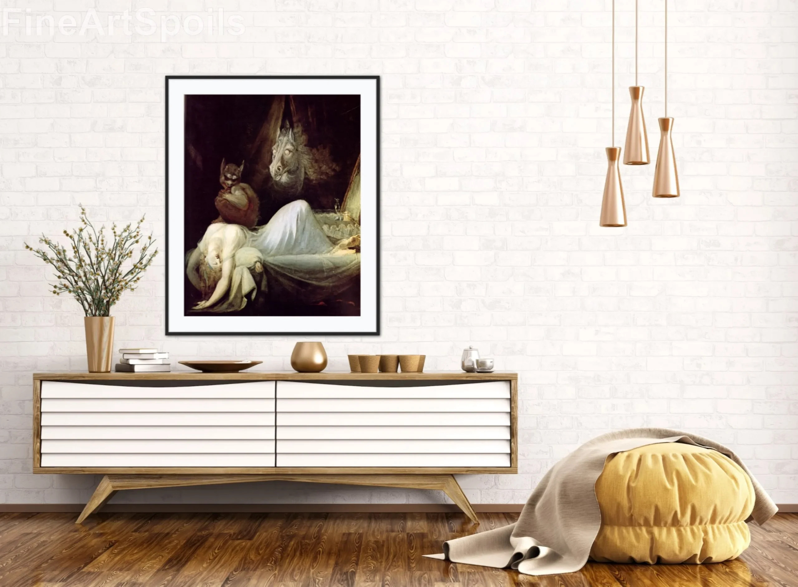 Henry Fuseli's The Nightmare 1791 version, showing a woman draped over a bed with a demonic incubus sitting on her chest and a spectral horse peeking through the curtains, captured as a high-quality fine art print reproduction.