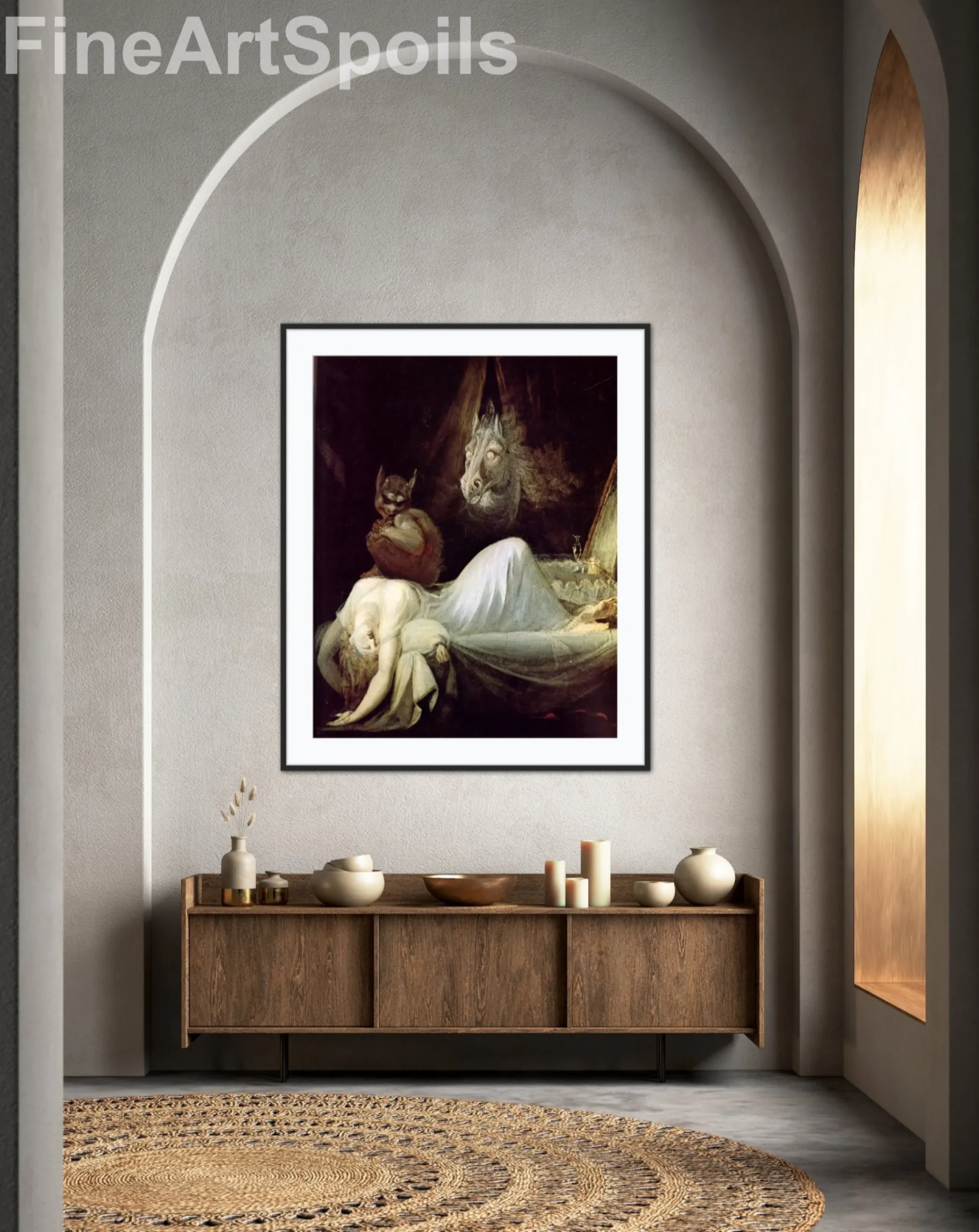 Henry Fuseli's The Nightmare 1791 version, showing a woman draped over a bed with a demonic incubus sitting on her chest and a spectral horse peeking through the curtains, captured as a high-quality fine art print reproduction.