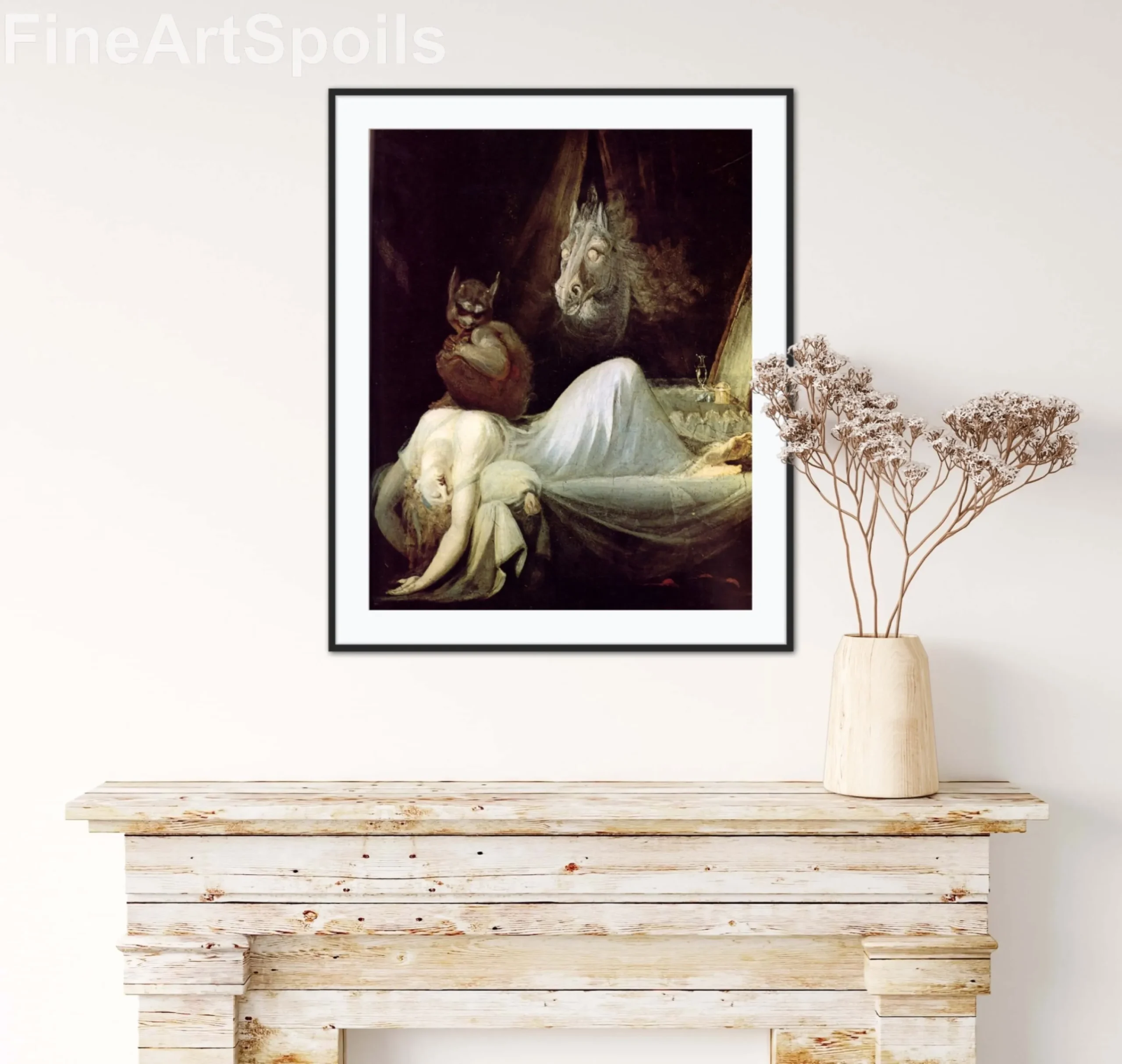 Henry Fuseli's The Nightmare 1791 version, showing a woman draped over a bed with a demonic incubus sitting on her chest and a spectral horse peeking through the curtains, captured as a high-quality fine art print reproduction.