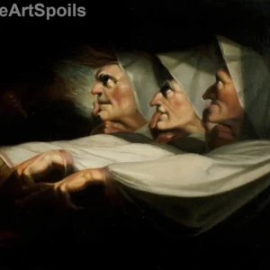 Henry Fuseli's The Three Witches painting, depicting the three weird sisters from Macbeth in profile with fingers to their lips, captured as a high-quality fine art print reproduction.