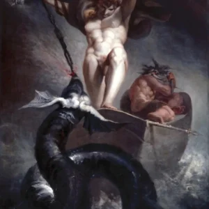 Henry Fuseli's Thor Battering the Midgard Serpent painting, featuring a muscular Thor standing in a boat battling a giant sea serpent amidst crashing waves, captured as a high-quality fine art print reproduction.
