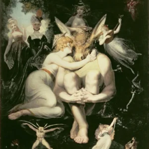 Henry Fuseli's Titania Awakes painting, depicting the Fairy Queen and Nick Bottom with a donkey head surrounded by mystical fairies, captured as a high-quality fine art print reproduction.